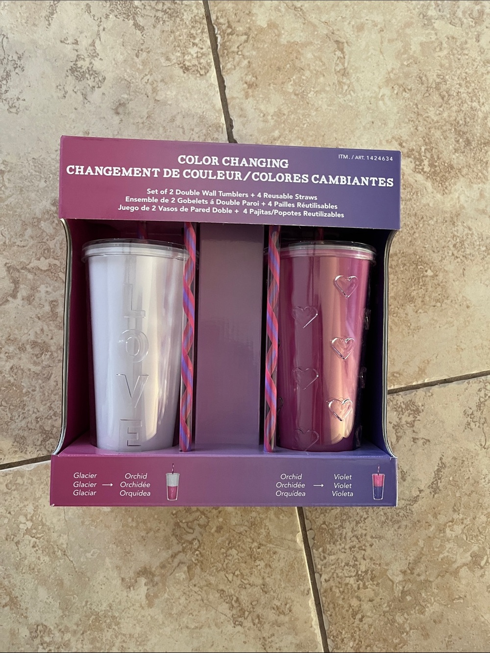 Color-Changing Double Wall Tumblers Set w/reusable straws